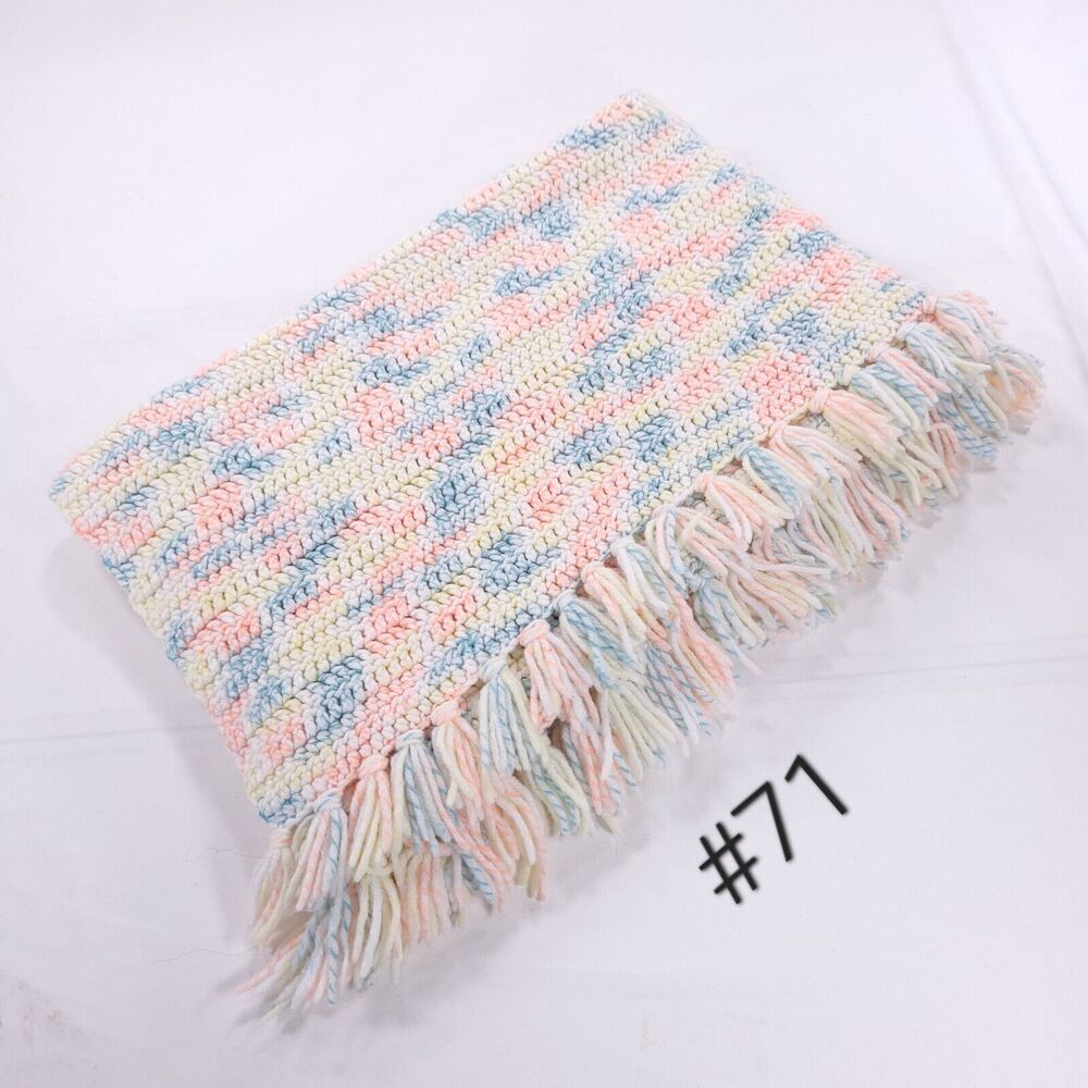 Vintage Handmade Afghan Blanket Crochet Knit 36x48 Pink Blue White